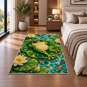 frog in sunglasses on a lily pad rug in a bedroom beside the bed