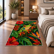 red-eyed tree frog in the rainforest rug in a bedroom beside the bed
