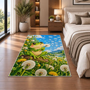 frog blowing a dandelion rug in a bedroom beside the bed