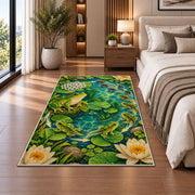 frog life cycle around a pond rug in a bedroom beside the bed