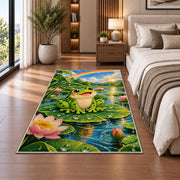 happy frog under a rainbow rug in a bedroom beside the bed