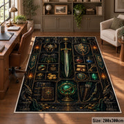 Dark fantasy sword and relics area rug in a home office