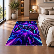 Neon Game Controller rug in a bedroom beside the bed