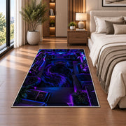 Gamer Battle Station rug in a bedroom beside the bed