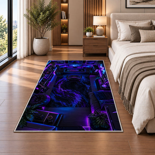Gamer Battle Station rug in a bedroom beside the bed
