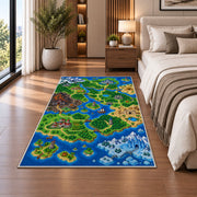 Pixel Fantasy World Map rug in a bedroom beside the bed