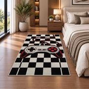 Retro Controller Checkerboard rug in a bedroom beside the bed
