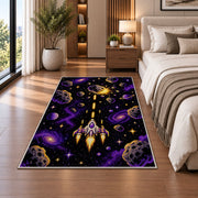 Pixel Space Shooter rug in a bedroom beside the bed