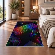 Rainbow Mechanical Keyboard rug in a bedroom beside the bed
