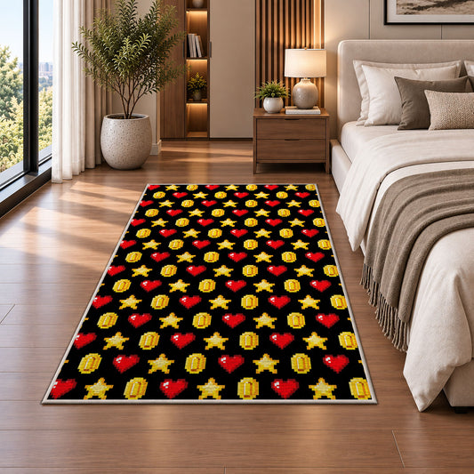 Pixel Hearts and Coins rug in a bedroom beside the bed
