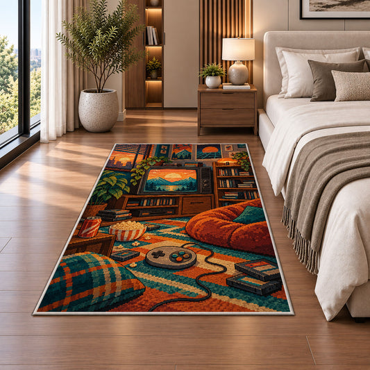 80s Retro Game Room rug in a bedroom beside the bed
