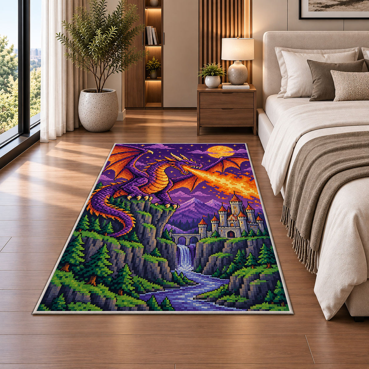 Pixel Dragon and Castle rug in a bedroom beside the bed