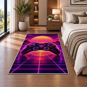 Synthwave Controller rug in a bedroom beside the bed