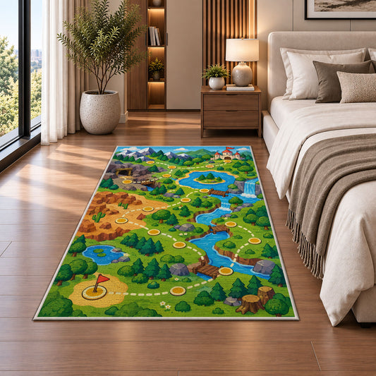Game Level Map rug in a bedroom beside the bed