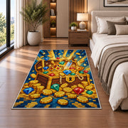 Pixel Treasure Chest rug in a bedroom beside the bed