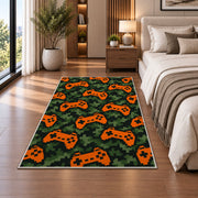 Pixel Camo Controllers rug in a bedroom beside the bed