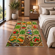 Vintage Seed Packet Rug in a bedroom beside the bed