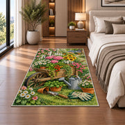 Wheelbarrow Garden Rug in a bedroom beside the bed