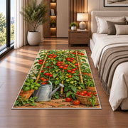 Tomato Garden Rug in a bedroom beside the bed
