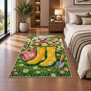 Rain Boots Flower Rug in a bedroom beside the bed