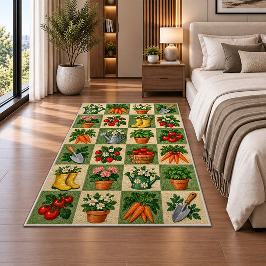 Checkered Garden Rug in a bedroom beside the bed