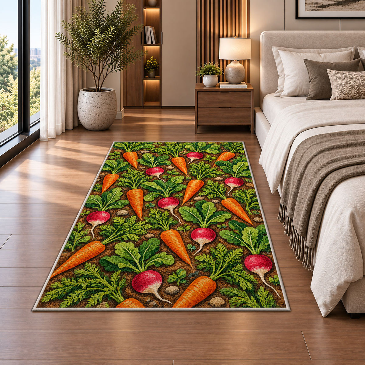 Carrot and Radish Rug in a bedroom beside the bed