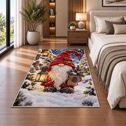 winter gnome with lantern rug in a bedroom beside the bed