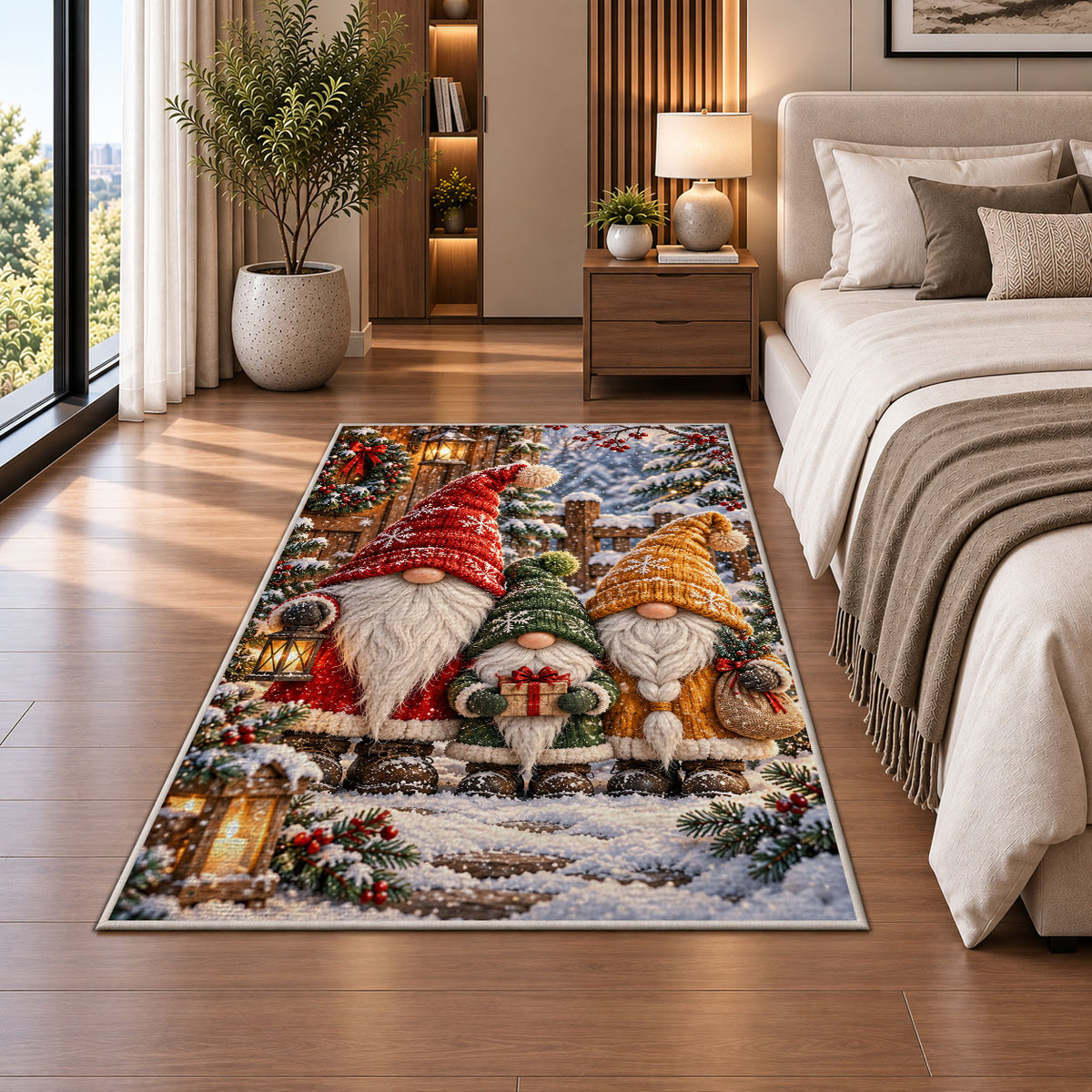 family of three gnomes rug in a bedroom beside the bed