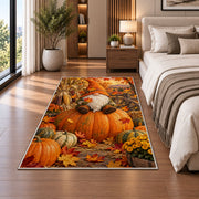 autumn gnome with pumpkins rug in a bedroom beside the bed