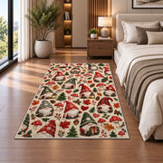 gnome pattern with hearts and mushrooms rug in a bedroom beside the bed