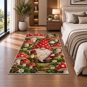 gnome in a mushroom garden rug in a bedroom beside the bed