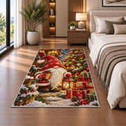 gnome by a decorated Christmas tree rug in a bedroom beside the bed