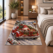 gnome riding in a red truck rug in a bedroom beside the bed