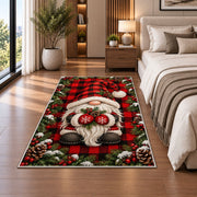 gnome on buffalo plaid rug in a bedroom beside the bed
