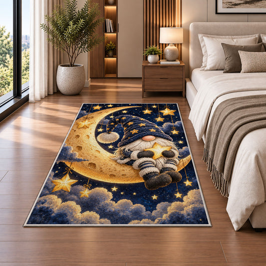 gnome sitting on the crescent moon rug in a bedroom beside the bed