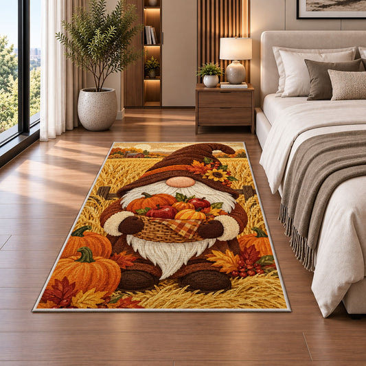 Thanksgiving harvest gnome rug in a bedroom beside the bed