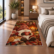 gnome by the fireplace rug in a bedroom beside the bed