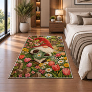gnome watering tulips rug in a bedroom beside the bed