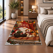 gnome and puppy on the porch rug in a bedroom beside the bed