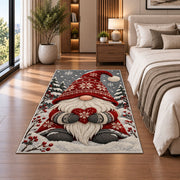 Nordic gnome holding a heart rug in a bedroom beside the bed