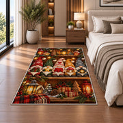 row of gnomes on a shelf rug in a bedroom beside the bed