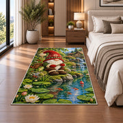 gnome fishing at a pond rug in a bedroom beside the bed