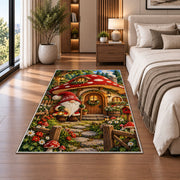 gnome at a mushroom house rug in a bedroom beside the bed