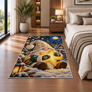 gnome hugging a golden star rug in a bedroom beside the bed