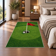 Golf hole and flag rug in a bedroom beside the bed