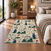 Golf icons pattern rug in a bedroom beside the bed