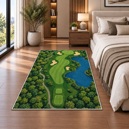 Golf course map rug in a bedroom beside the bed