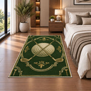 Crossed clubs emblem rug in a bedroom beside the bed