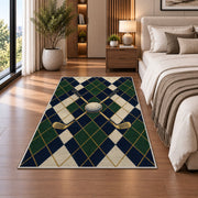 Golf argyle rug in a bedroom beside the bed