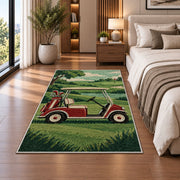 Retro golf cart rug in a bedroom beside the bed
